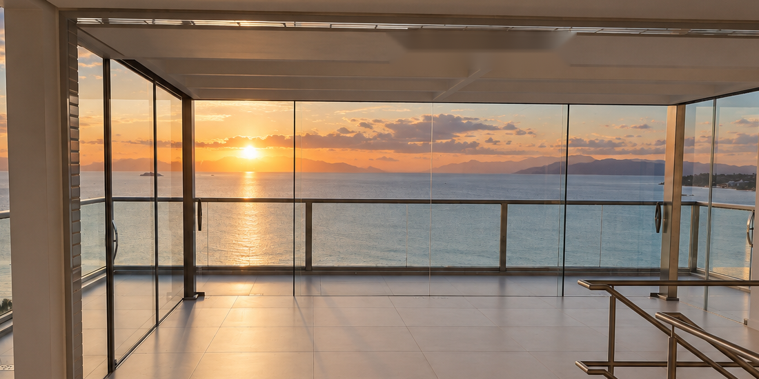 Varanda de cobertura com vista para o mar ao pôr do sol